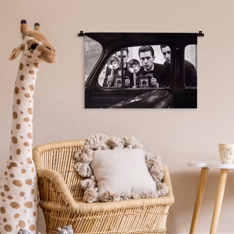 Fotograaf - Camera - Vintage - Journalistiek - Zwart-wit Wandkleed katoen klein -wsfeer5_kind