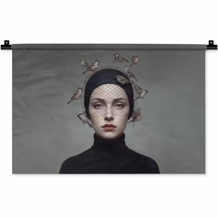 Portret - Vogels - Zwart Wandkleed katoen klein -zz3d