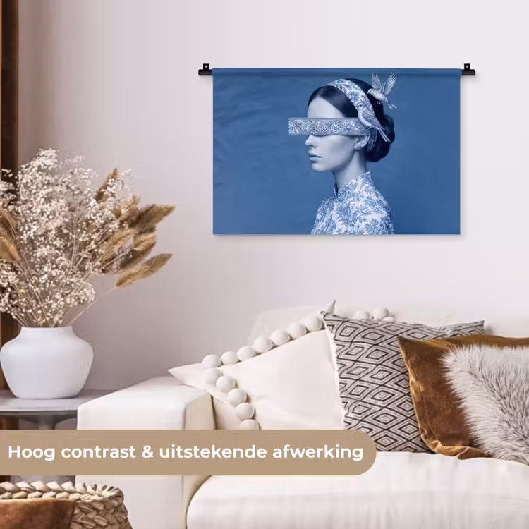 Portret - Klassiek - Wit - Blauw Wandkleed katoen klein -sfeer1