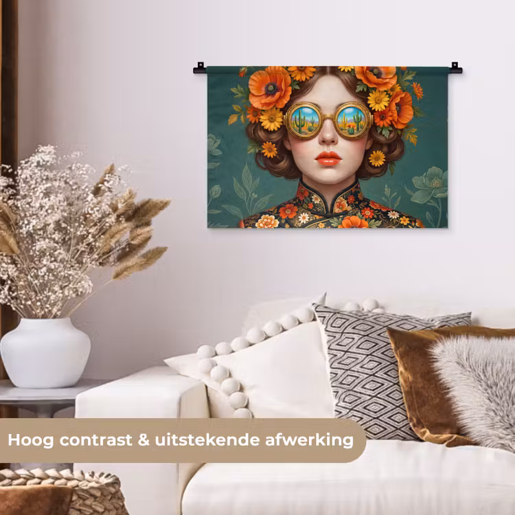 Portret - Vrouw - Kleurrijk - Expressief Wandkleed katoen klein -sfeer1