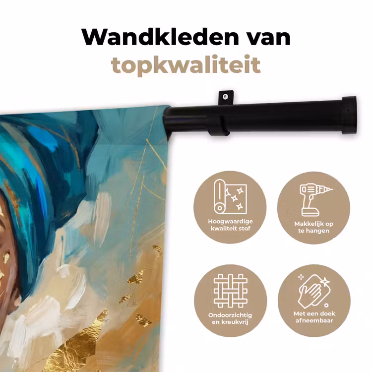 Portret - Vrouw - Schilderij - Blauw - Goud - Expressief Wandkleed katoen klein -sfeer2