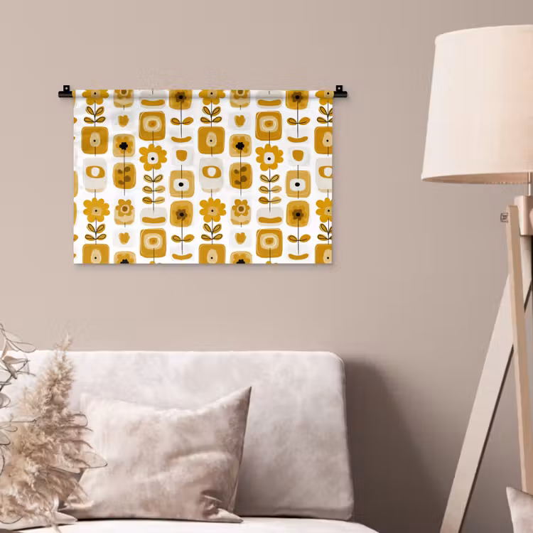Retro - Abstract - Bloemen - Okergeel Wandkleed katoen klein 269 -sfeer4