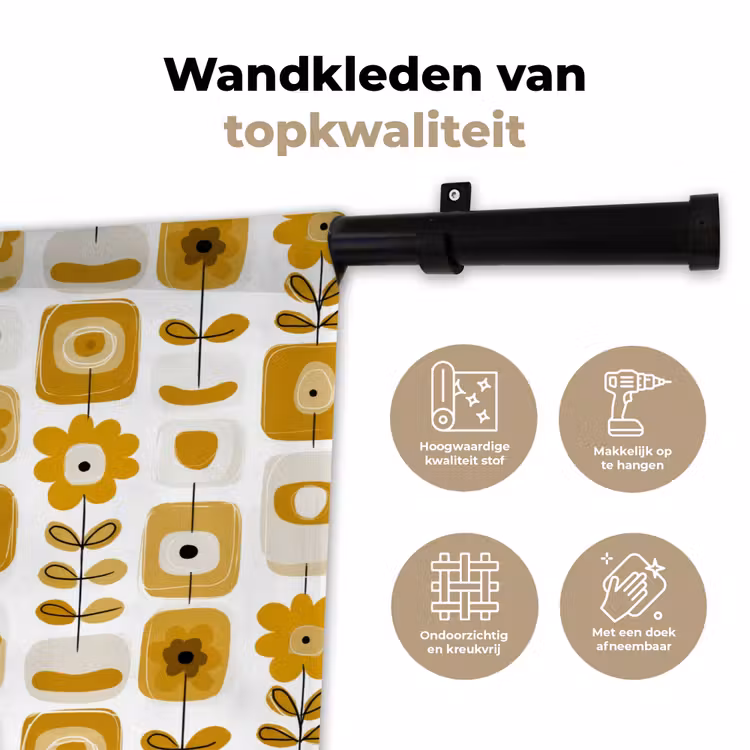 Retro - Abstract - Bloemen - Okergeel Wandkleed katoen klein 269 -sfeer2