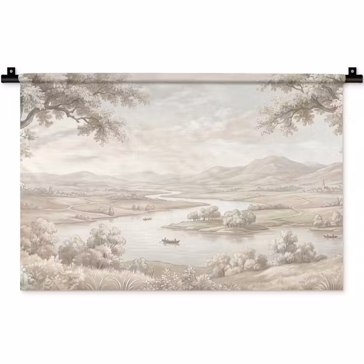 Rivierlandschap - Bergen - Natuur - Vintage - Beige Wandkleed katoen klein -zz3d