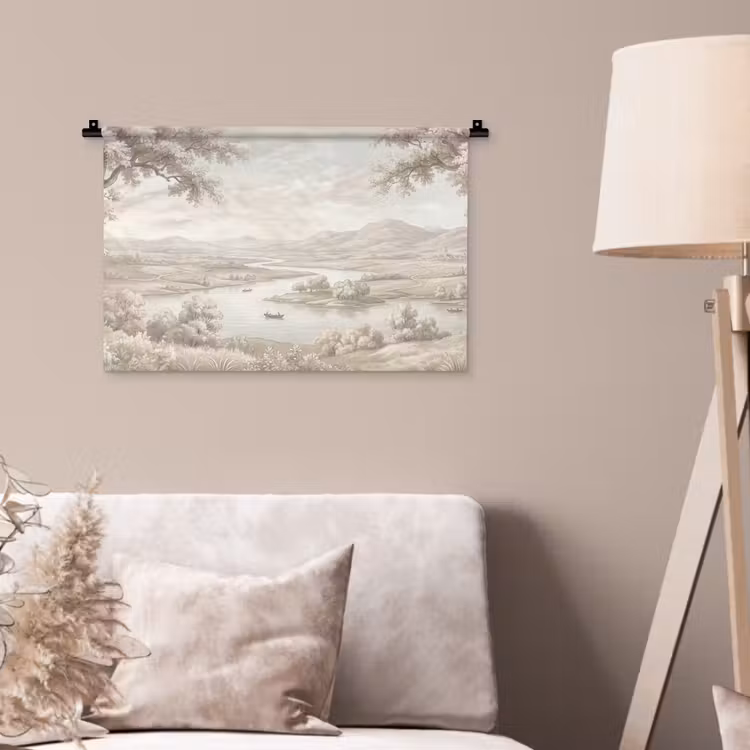 Rivierlandschap - Bergen - Natuur - Vintage - Beige Wandkleed katoen klein -sfeer4