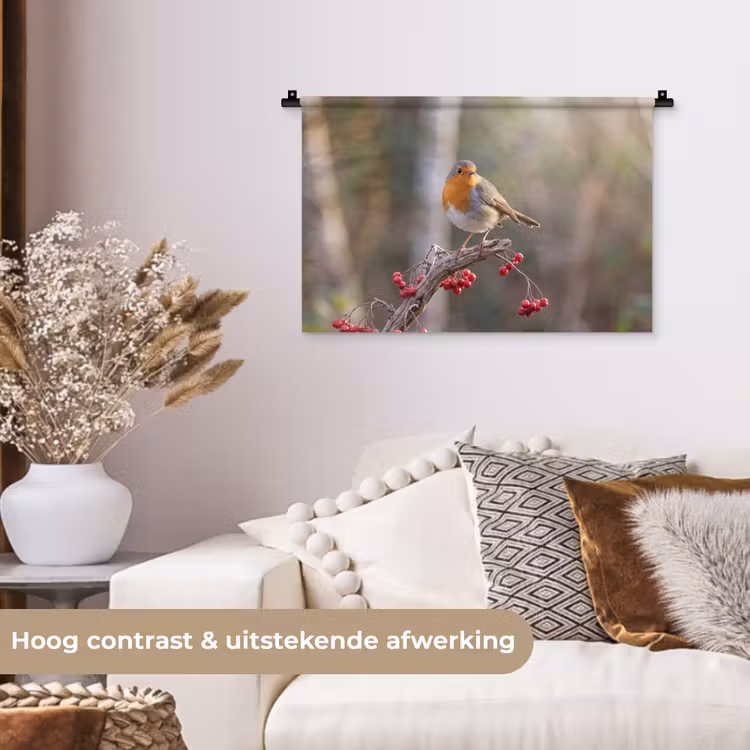 Roodborst - Tak - Bessen - Natuur Wandkleed katoen klein -sfeer1