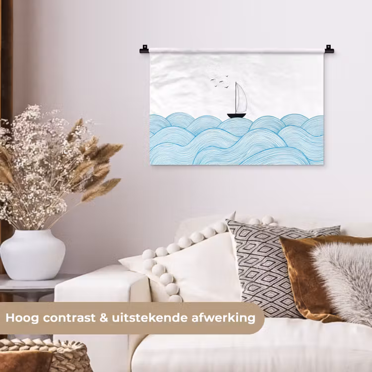 Zeilboot - Golven - Zee - Illustratie - Blauw Wandkleed katoen klein -sfeer1