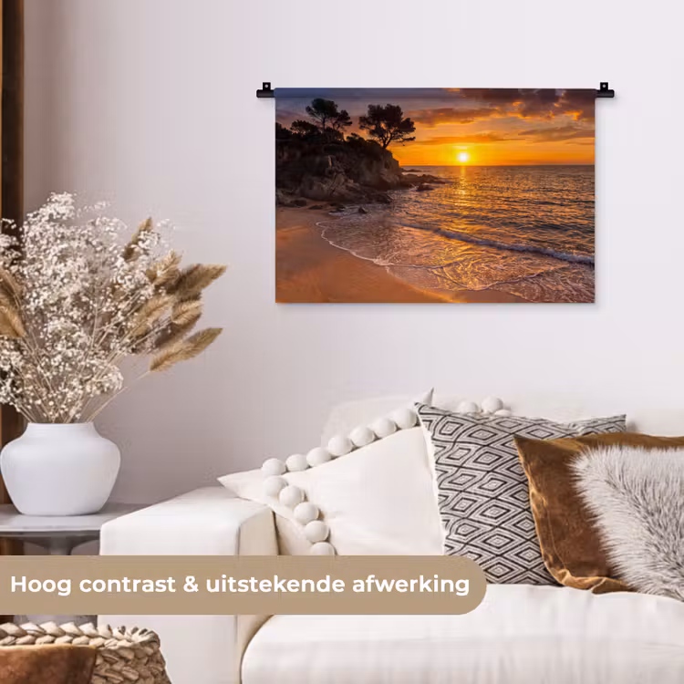 Zee - Kust - Zonsondergang - Natuur - Oranje Wandkleed katoen klein -sfeer1