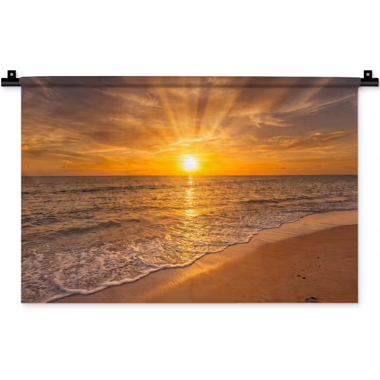 Zee - Zonsondergang - Golven - Kust - Oranje Wandkleed katoen klein -zz3d