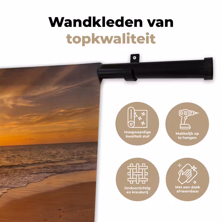 Zee - Zonsondergang - Golven - Kust - Oranje Wandkleed katoen klein -sfeer2