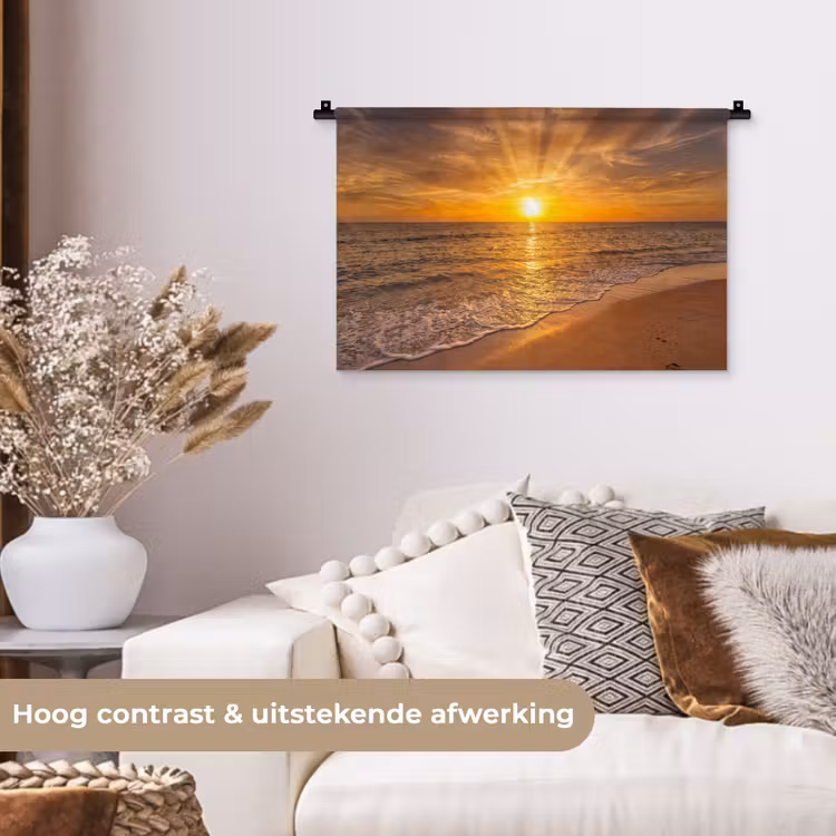Zee - Zonsondergang - Golven - Kust - Oranje Wandkleed katoen klein -sfeer1