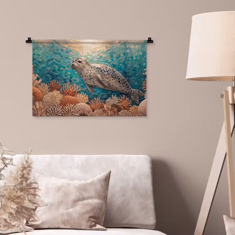 Zeehond - Mozaïek - Onderwater - Dieren - Blauw Wandkleed katoen klein -sfeer4