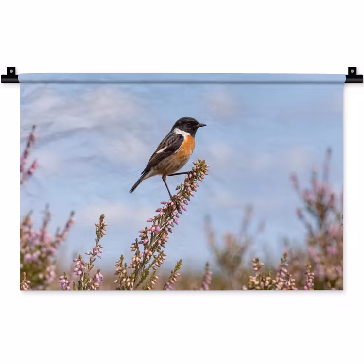Roodborsttapuit - Heide - Paars - Natuur - Sfeervol Wandkleed katoen klein -zz3d