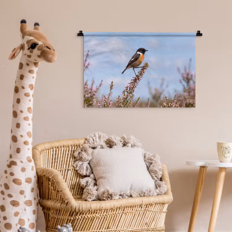 Roodborsttapuit - Heide - Paars - Natuur - Sfeervol Wandkleed katoen klein -wsfeer5_kind