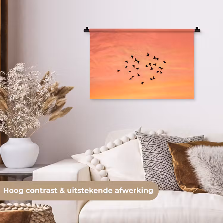 Zwerm - Vogels - Oranje Wandkleed katoen klein -sfeer1