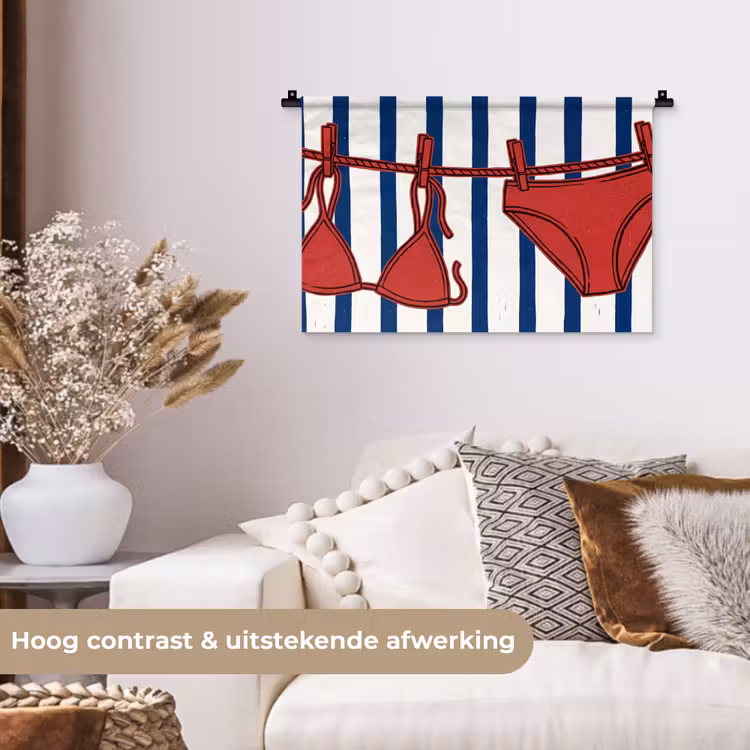 Badkleding - Waslijn - Zomer - Illustratie - Rood Wandkleed katoen klein -sfeer1