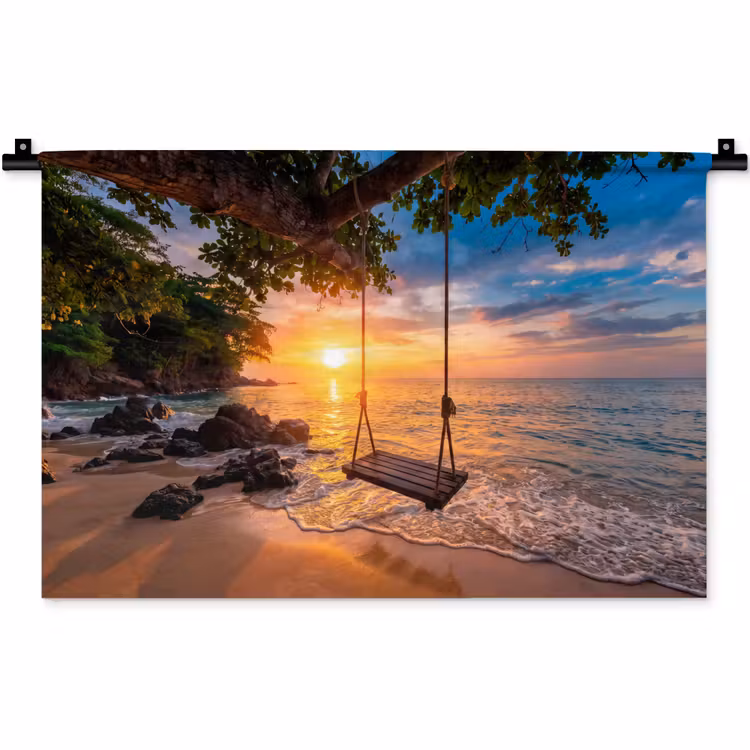 Schommel - Strand - Zonsondergang - Natuur - Oranje Wandkleed katoen klein -zz3d