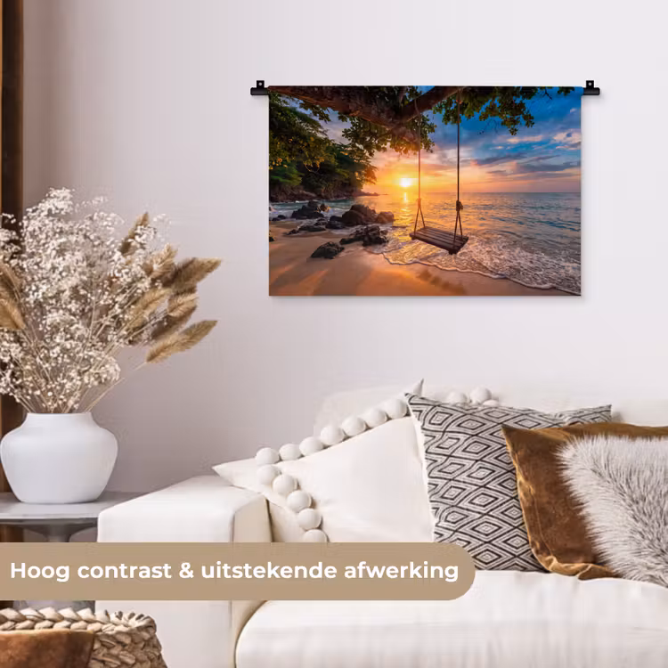 Schommel - Strand - Zonsondergang - Natuur - Oranje Wandkleed katoen klein -sfeer1