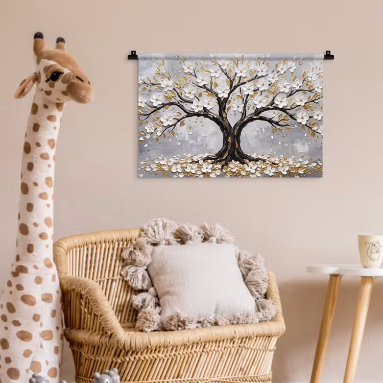 Boom - Bloemen - Natuur - Abstract - Wit Wandkleed katoen klein -wsfeer5_kind