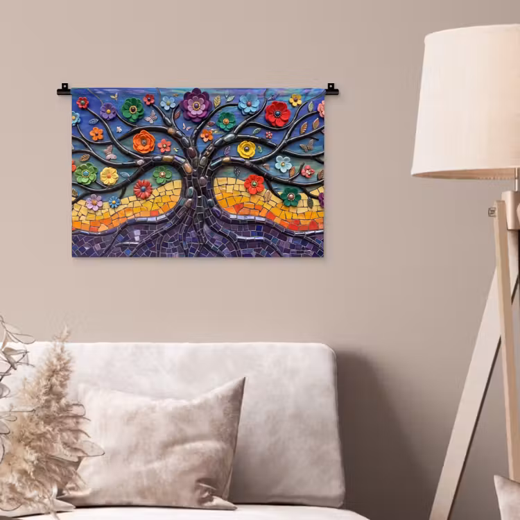 Levensboom - Mozaïek - Bloemen - Kleurrijk - Vrolijk Wandkleed katoen klein -sfeer4