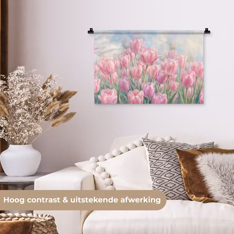 Tulpen - Veld - Lente - Roze Wandkleed katoen klein -sfeer1
