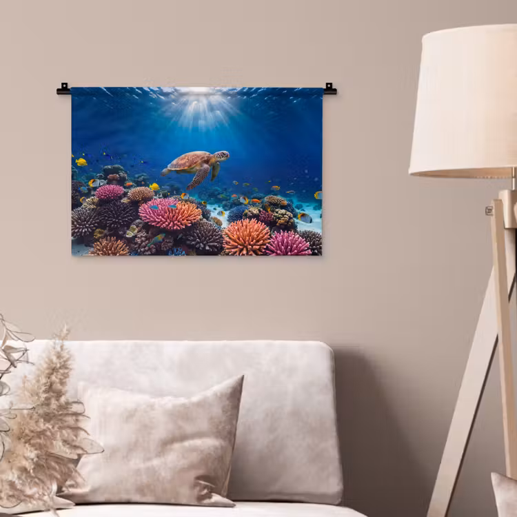Schildpad - Koraalrif - Oceaan - Dieren - Blauw Wandkleed katoen klein -sfeer4
