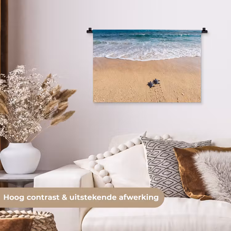 Schildpad - Jong - Strand - Oceaan - Blauw Wandkleed katoen klein -sfeer1