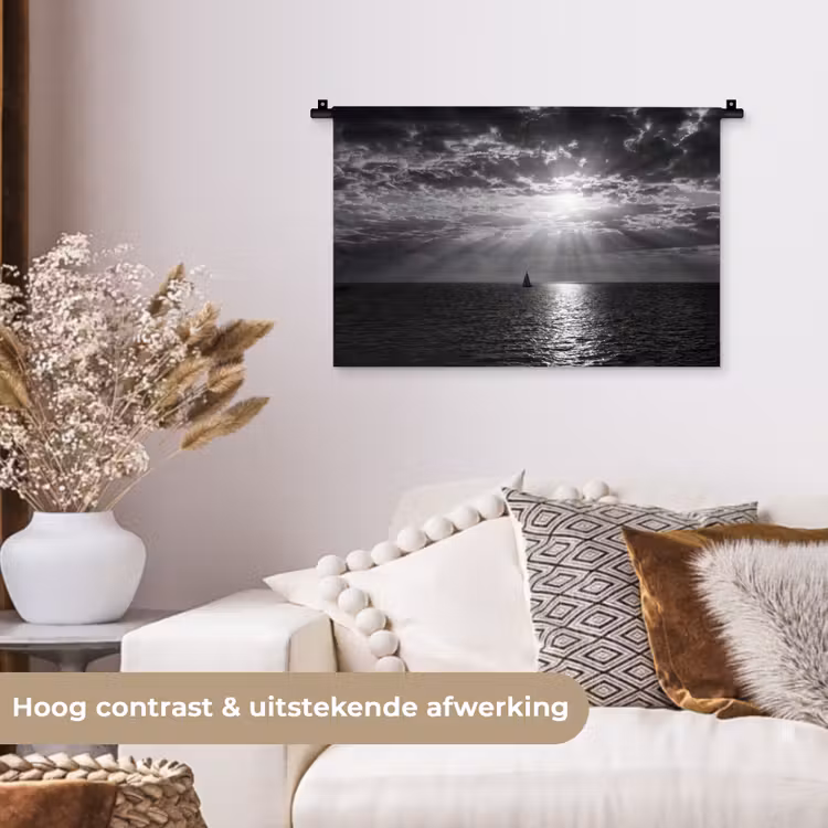 Water - Boot - Lucht - Natuur - Zwart-wit Wandkleed katoen klein -sfeer1