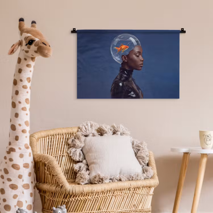 Vrouw - Goudvis - Hoofd - Abstract - Blauw Wandkleed katoen klein -wsfeer5_kind