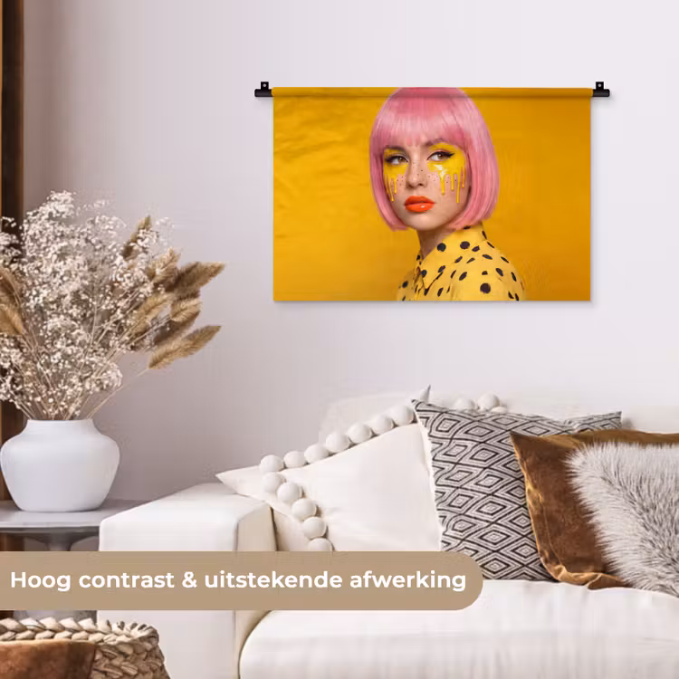 Vrouw - Portret - Abstract - Kleurrijk - Geel Wandkleed katoen klein -sfeer1