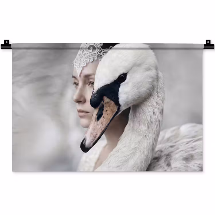 Vrouw - Zwaan - Wit Wandkleed katoen klein -zz3d