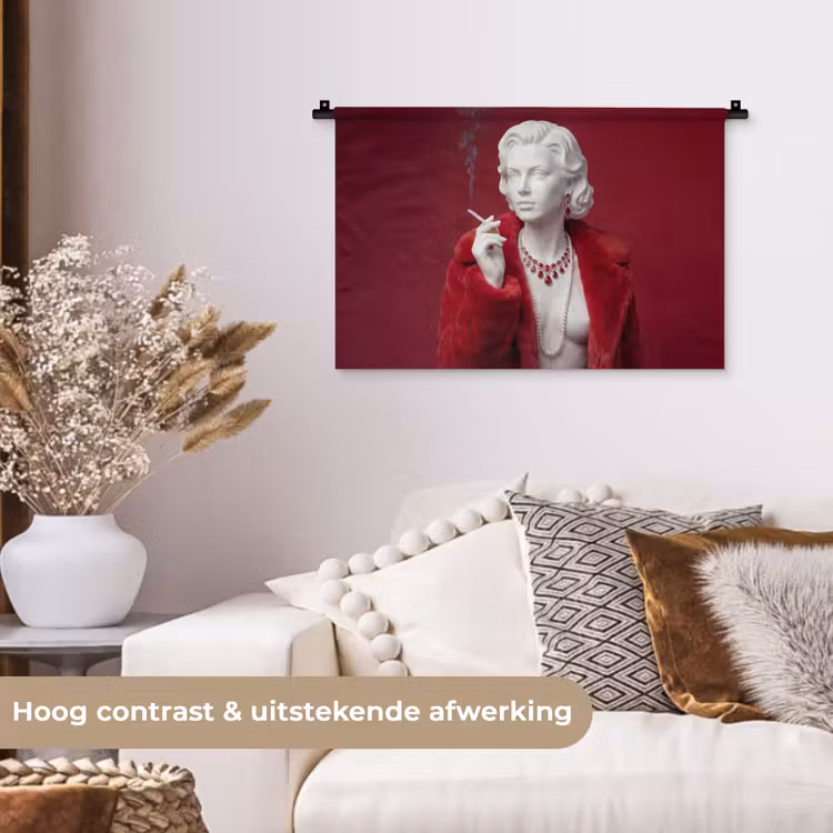 Vrouw - Bontjas - Mode - Klassiek - Rood Wandkleed katoen klein -sfeer1