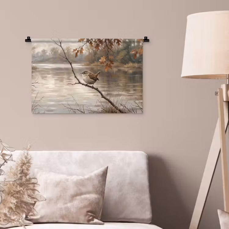 Winterkoninkje - Tak - Rivier - Natuur - Sfeervol Wandkleed katoen klein -sfeer4
