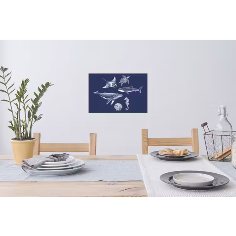 Dieren - Zeeleven - Oceaan - Graveren - Blauw Muursticker klein -eettafel