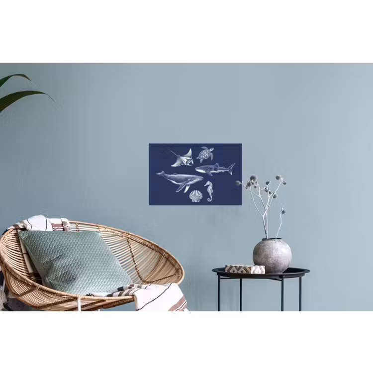 Dieren - Zeeleven - Oceaan - Graveren - Blauw Muursticker klein -plant