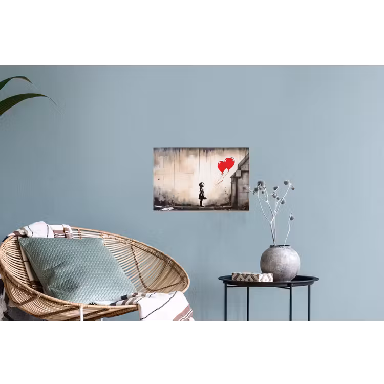Kunst - Meisje - Ballonnen - Hart - Grijs Muursticker klein -plant