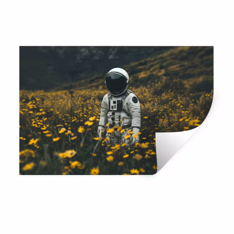Astronaut - Bloemen - Veld - Geel Muursticker klein -3d