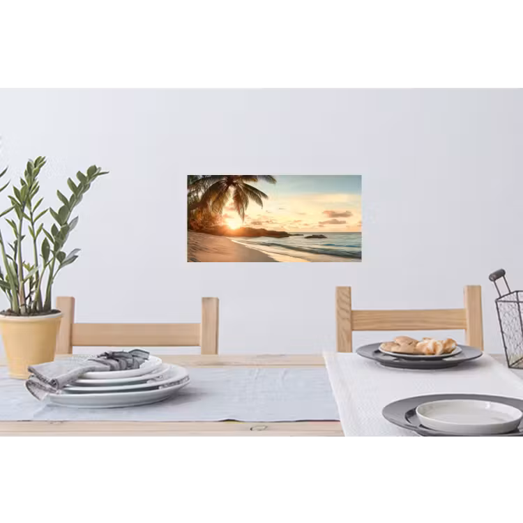 Strand - Palmbomen - Oceaan - Zonsondergang Muursticker klein -eettafel