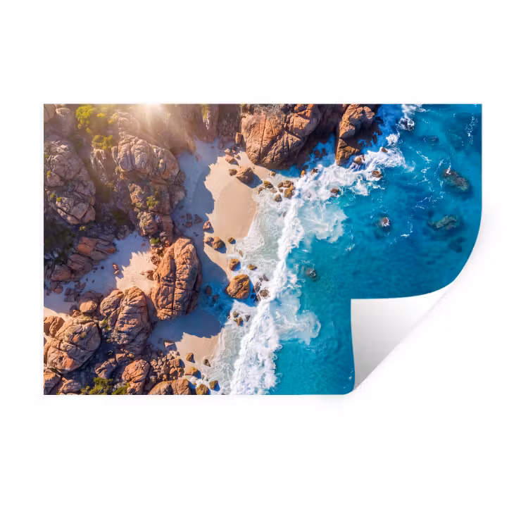 Strand - Zee - Rotsen - Natuur - Blauw Muursticker klein -3d