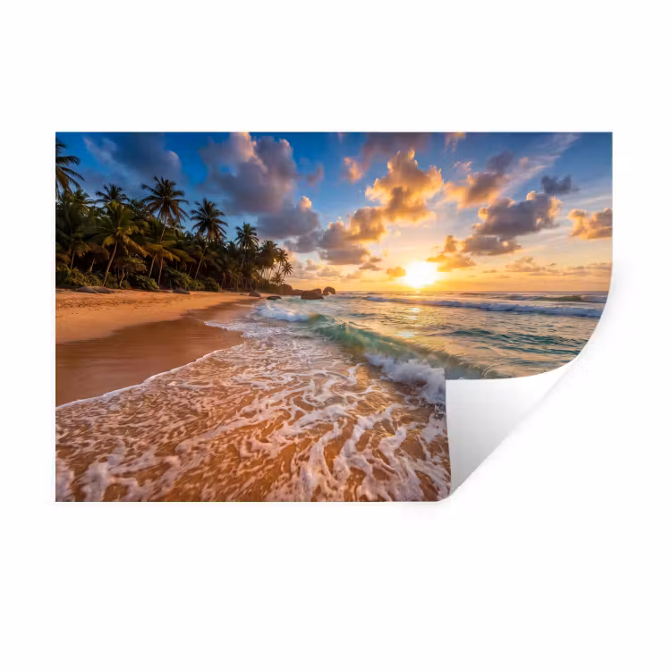 Strand - Zonsondergang - Golven - Natuur - Goud Muursticker klein -3d
