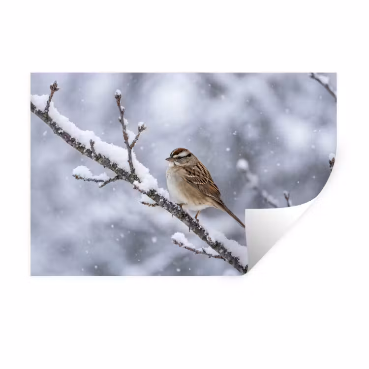 Vogel - Tak - Sneeuw - Winter Muursticker klein -3d