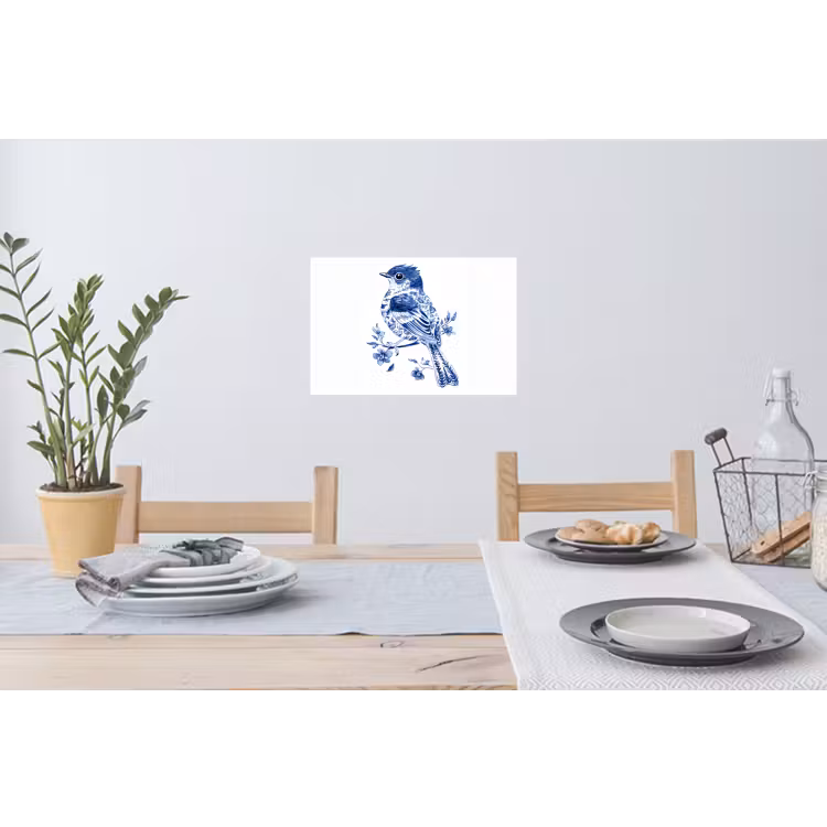 Vogel - Delfts blauw - Illustratie - Bloemen Muursticker klein -eettafel