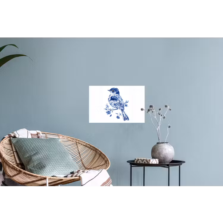 Vogel - Delfts blauw - Illustratie - Bloemen Muursticker klein -plant