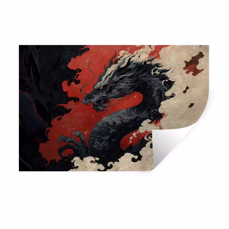 Zwarte draak - Rookwolken - Rood Muursticker klein -3d