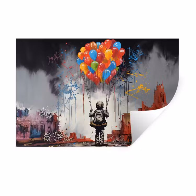 Jongen - Ballonnen - Gebouwen - Kunst Muursticker klein -3d