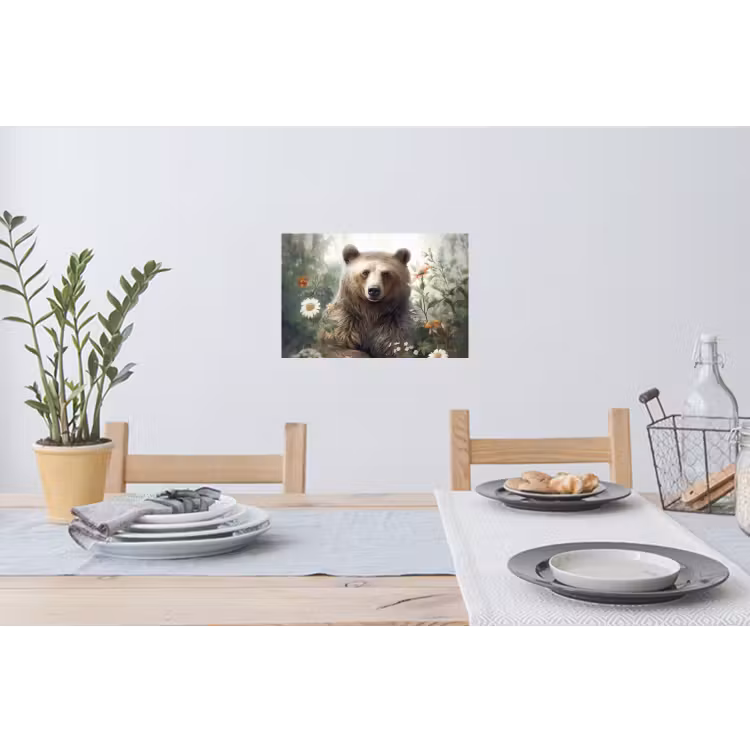 Bruine beer - Wilde dieren - Bloemen - Planten Muursticker klein -eettafel