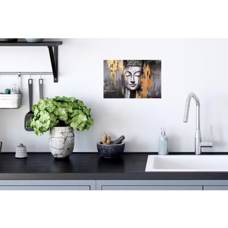 Boedhha - Penseelstreken - Goud - Abstract Muursticker klein -keuken