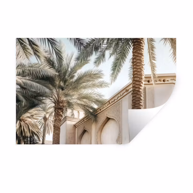 Gebouw - Palmbomen - Beige - Zon Muursticker klein -3d