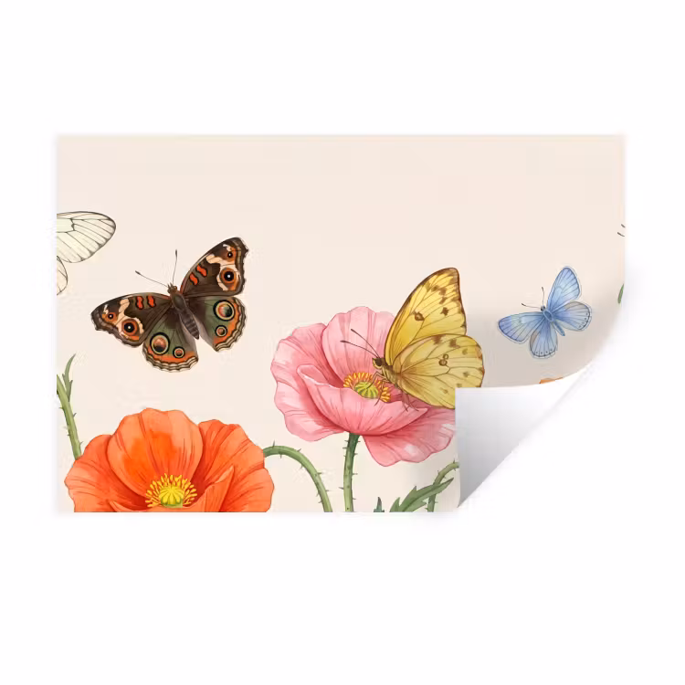 Vlinders - Klaprozen - Illustratie - Kleurrijk Muursticker klein -3d