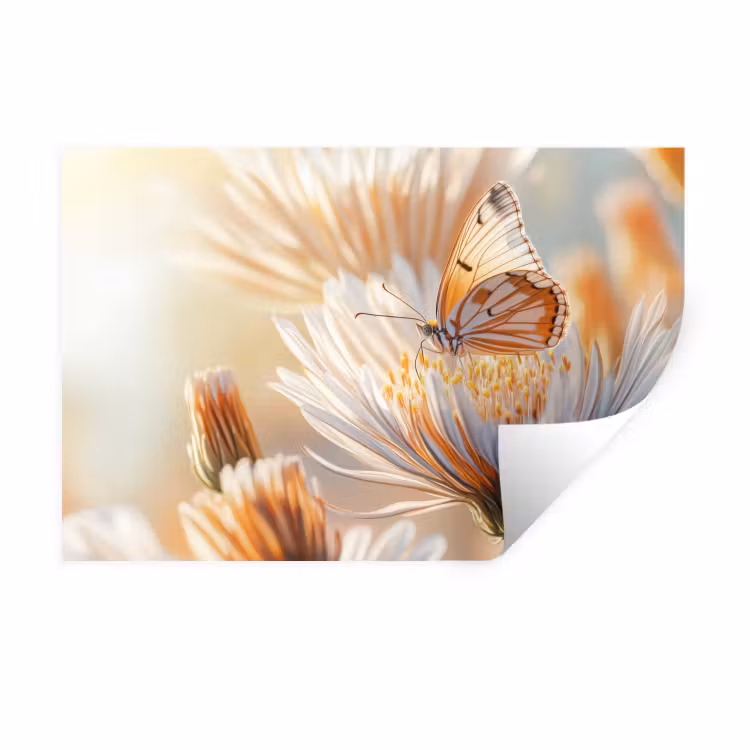 Vlinder - Bloem - Oranje Muursticker klein -3d